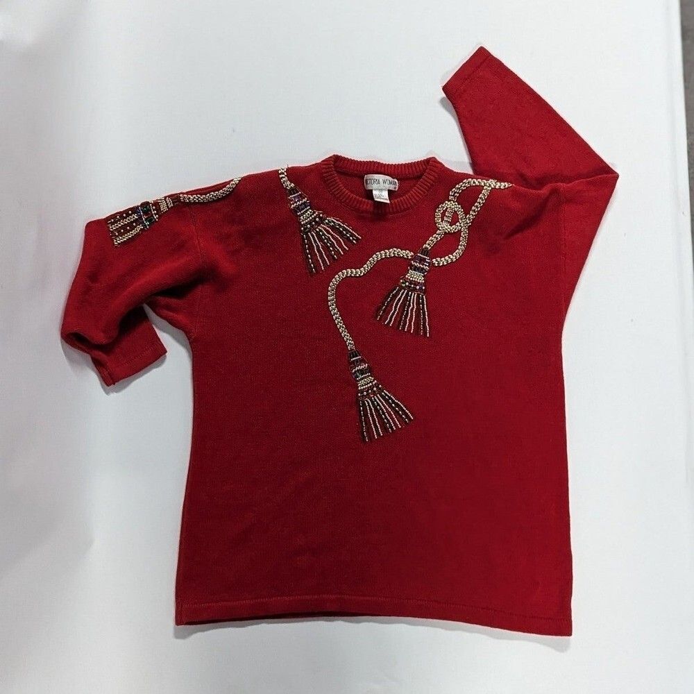 Vintage‎ Victoria Woman Size 1x Red Sequin Beaded Tassle Sweater Grandmacore 80s